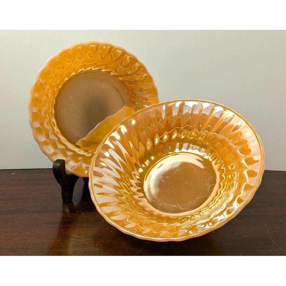 Vintage Anchor Hocking Fire-King Peach Lustre Glass Ribbed Serving Bowls Set 2